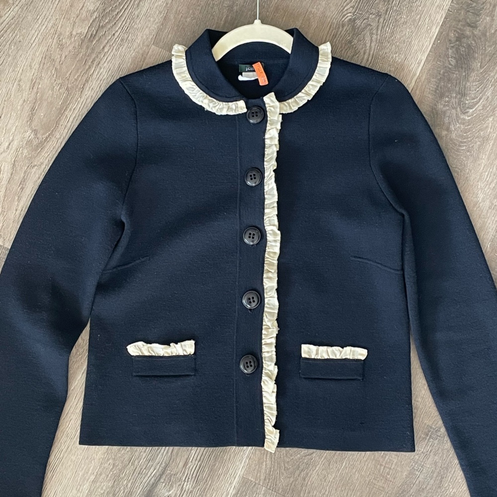 J Crew Vintage Navy Wool Lady Jacket Cardigan Ruffle Collar Y2K Womens Sweater